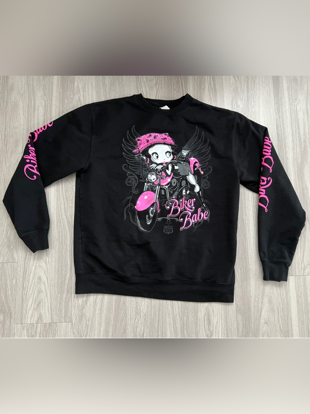 Betty Boop Biker Babe Black Graphic Sweatshirt Size L Pink Motorcycle Y2K
